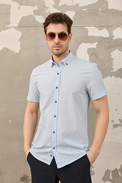 RAVANELLI Cool Keeping Short-Sleeved Solid Flared Cotton Men's Shirt Cairo
