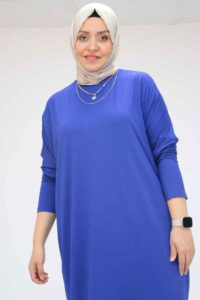 Eslina Large Size Low Sleeve Pen Long Tunic - Indigo