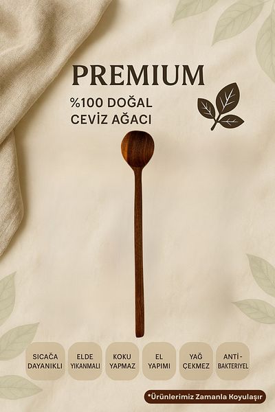 Ülgenev 1Pcs 30 cm Walnut Wood Kitchen Spoon with Thin Handle |   100% Natural Handmade Wooden Spoon
