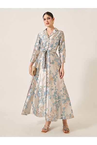 Styli Jacquard A-Line Maxi Dress with Tie Belt