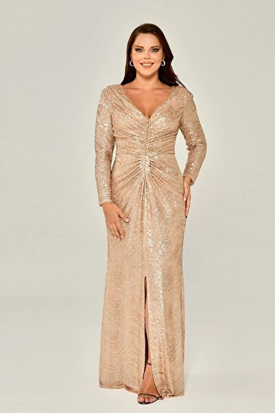 ALFABETA Alpha Beta Long Sleeve V Neck Sequined Long Evening Dress