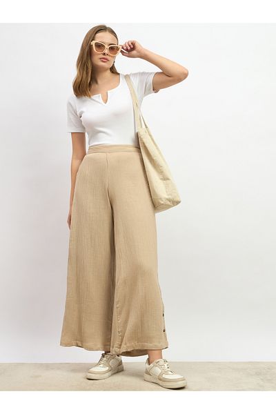 Styli Textured High Rise Wide Leg Pants with Buttons Detail