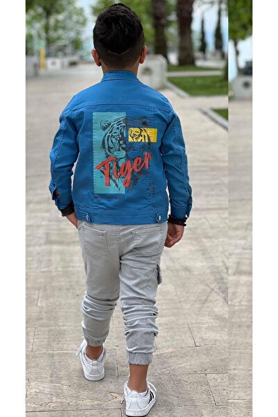 Riccotarz Tricou cu detalii Tigru pentru băiat, cu imprimeu pe spate, jachetă de jeans albastră, buzunar cargo, set de sus și de jos