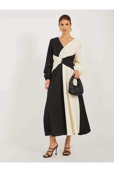Styli Color Block Long Sleeves A-Line Maxi Dress