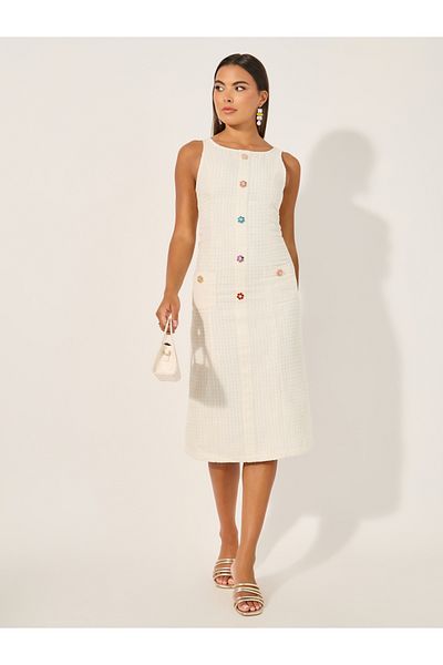 Styli Tweed Sleeveless A-Line Midi Dress with Button Detail