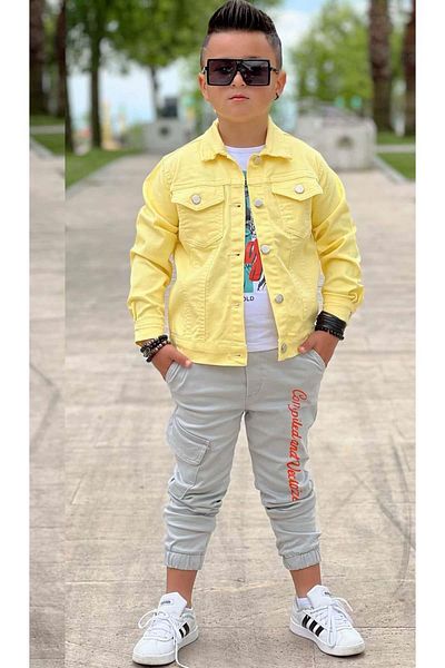 Riccotarz Boy's Tiger Detailed T-Shirt Back Printed Yellow Jean Jacket Cargo Pocket Bottom Top Set