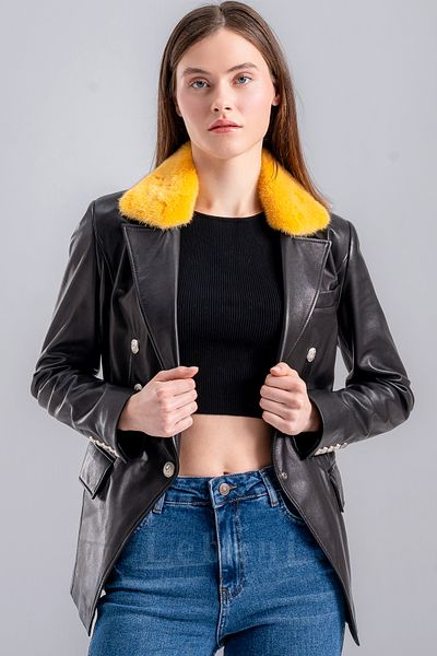Lebeni Women's Black Blazer Leather Jacket Genuine Leather and Yellow Mink Collar