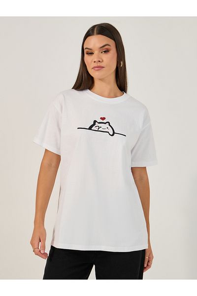 Styli Oversized Short Sleeve Cat Graphic Round Neck T-shirt