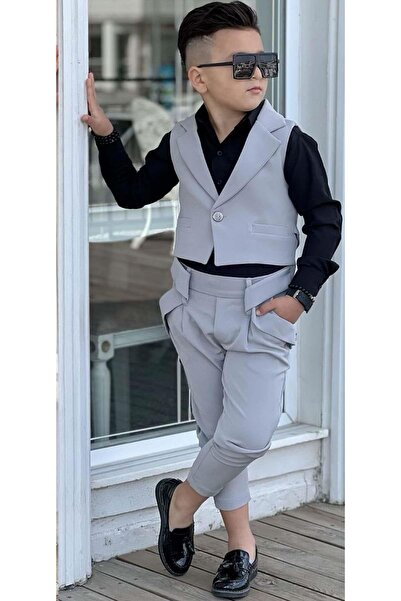 Riccotarz Boy's Silver Button Detailed Vest Gabardine Black Shirt Gray Bottom Top Set