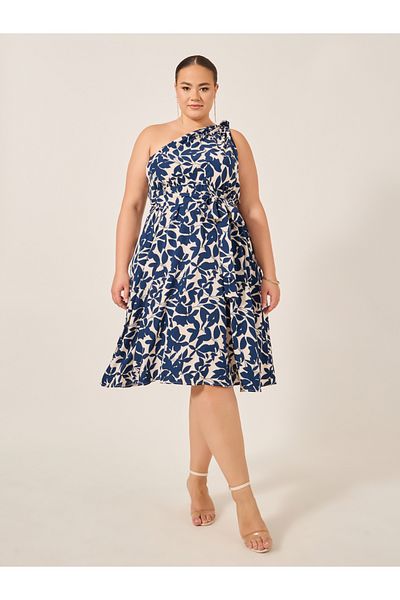 Styli Plus Size Floral Print One Shoulder A-Line Midi Dress