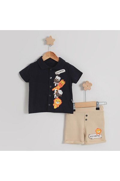 TRENDİMİZBİR Baby Boy Hello Animals Cotton T-Shirt Shorts Navy Blue Bottom Top Set