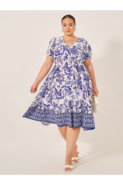 Styli Plus Size All-Over Printed Wrap Look A-Line Midi Dress