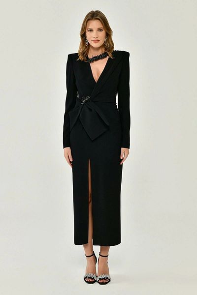 ALFABETA Alfa Beta Long Sleeve Padded V-Neck Slit Midi Evening Dress