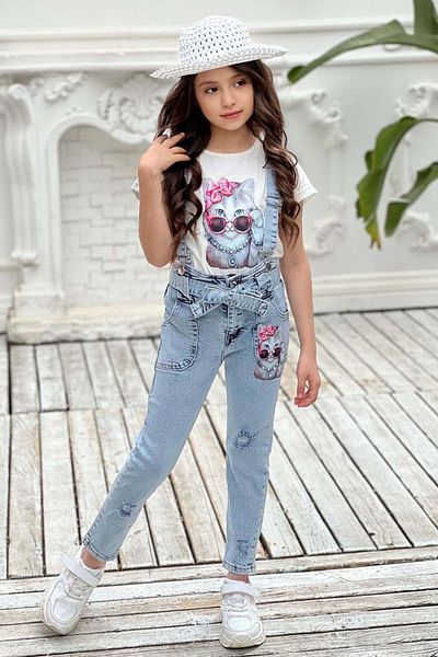 Riccotarz Girl's Digital Printed T-Shirt with Slits and Cat Detail Blue Jean Salopet Set
