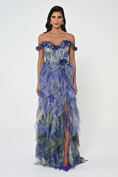 ALFABETA Alfa Beta Düşük Fırfırlı Omuz Katlı Tül Uzun Abiye Elbise