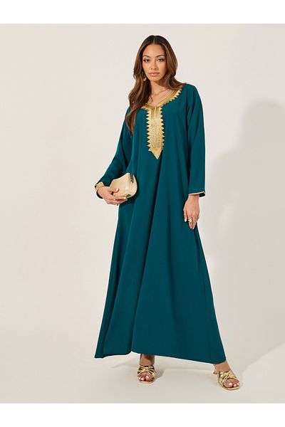 Styli Lace Detail Round Neck A-Line Jalabiya
