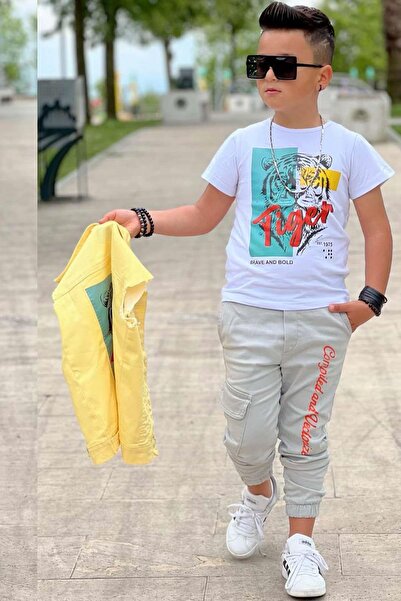 Riccotarz Boy's Tiger Detailed T-Shirt Back Printed Sleeveless Yellow Jean Jacket Cargo Pocket Bottom Top Set