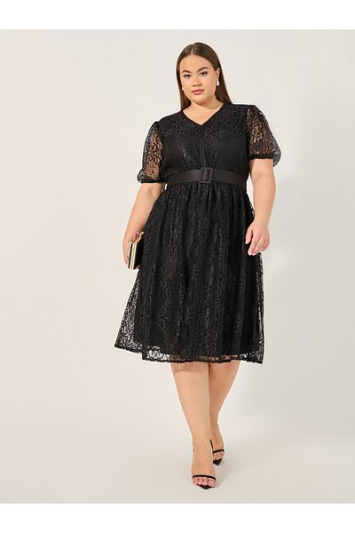 Styli Plus Size Lace Puff Sleeve Belted Midi Dress