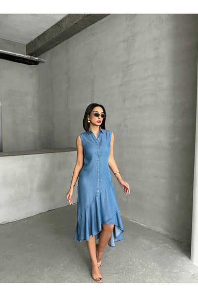 Miss Prova Πουκάμισο με γιακά με κουμπιά και λεπτομέρεια καλοκαιρινό τζιν φόρεμα MİSS933