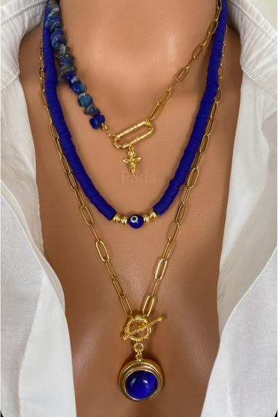 TARZ-I TAKI (ÜÇLÜ) Doğal Taş Lacivert Lapis Çelik Zincir Altın Kaplama Çerçev...