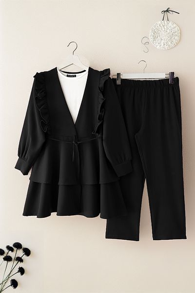 MODAQU Frilly Rope Belted Tunic Trousers Set - Black