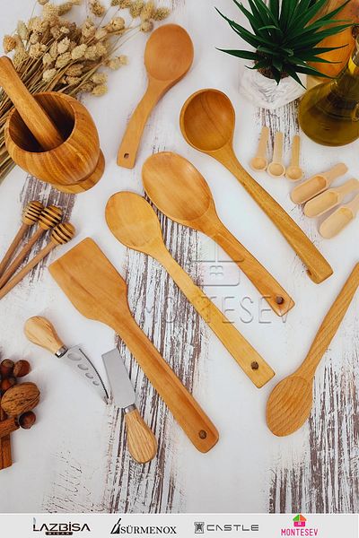 MONTESEV Wooden Wooden Kitchen Spoon Set 18 Pieces Beech, Boxwood and Bamboo Wood Spoons
