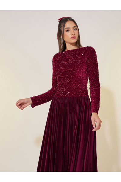 Take Two By Styli Embellished Balloon Hem Long Sleeve Midi Dress