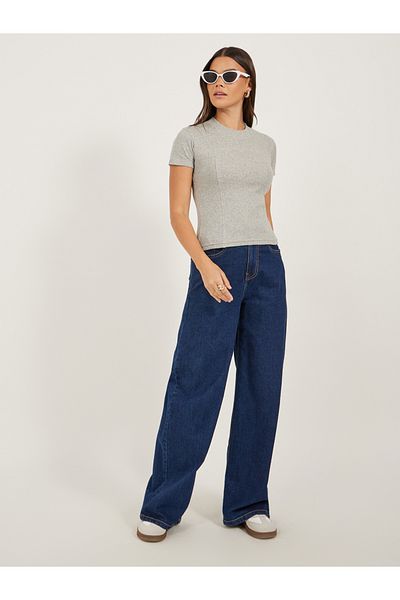 Styli Ribbed Round Neck Short Sleeve Fitted T-Shirt