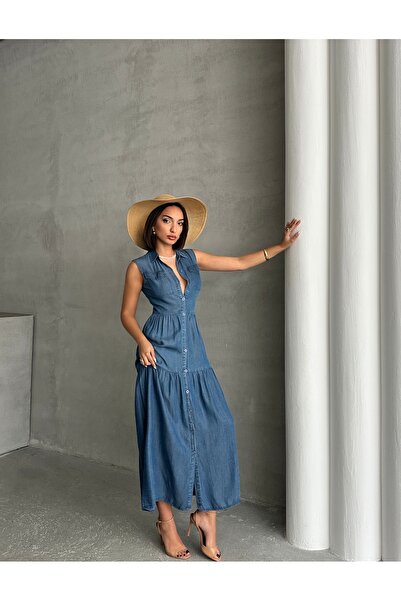 Miss Prova Gömlek Yaka Boydan Düğmeli Cep Detaylı Yazlık Denim Elbise MİSS8994