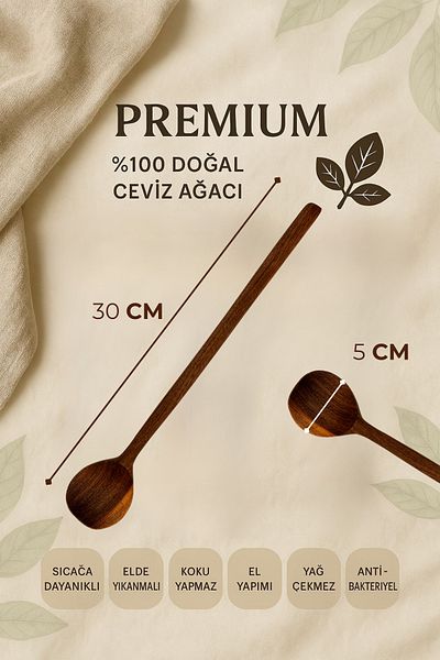 Ülgenev 1Pcs 30 cm Walnut Wood Kitchen Spoon with Thin Handle |   100% Natural Handmade Wooden Spoon