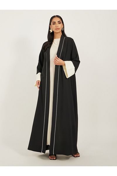 Styli Contrast Jacquard Sleeve Cuff Open A-Line Abaya