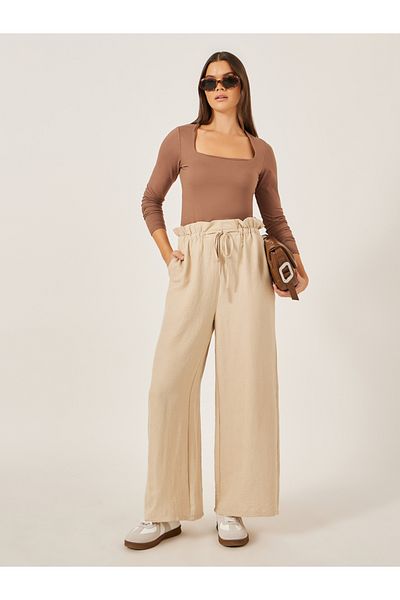 Styli Mid Rise Wide Leg Pants with Drawstring