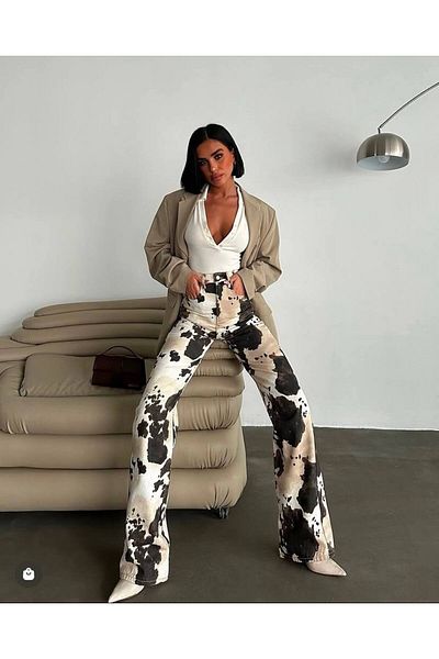 DENİKK Trend Special Design Patterned Wide Leg Comfortable Fit Palazzo Trousers