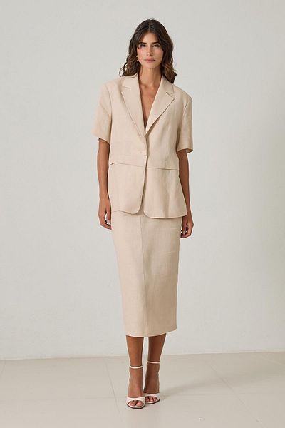 Setre Beige 100% Linen Button and Waist Detailed Full Fit Short Sleeve Jacket