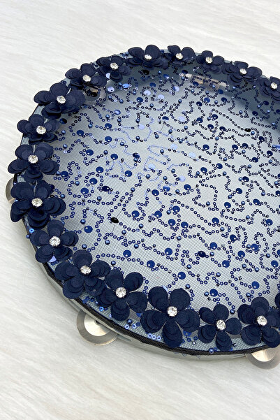 ZEYMERADE Lacivert Gelin Tefi 32cm Çiçek Pul Payet Parlak Taşlı Düğün Kına Ne...