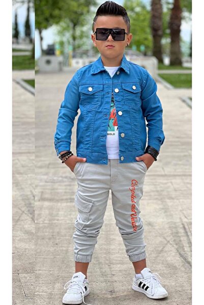 Riccotarz Tricou cu detalii Tigru pentru băiat, cu imprimeu pe spate, jachetă de jeans albastră, buzunar cargo, set de sus și de jos