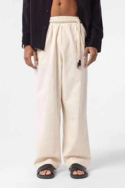 VAMOSCLO Λεπτομερές λινό παντελόνι oversized με ζώνη φυσικό