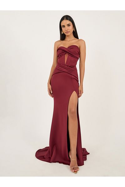 Styli Plain Strapless Corset Mermaid Maxi Dress with High Slit