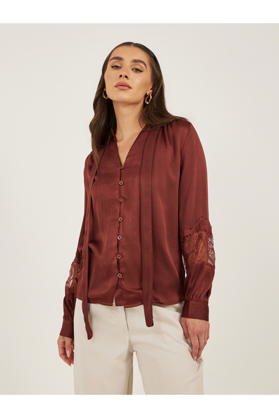 Styli Lace Insert Tie-Up Neck Buttoned Blouse