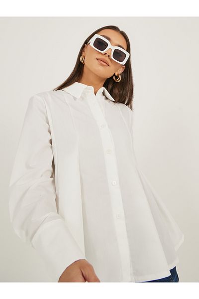 Styli Solid Long Sleeve Pleated Poplin Shirt