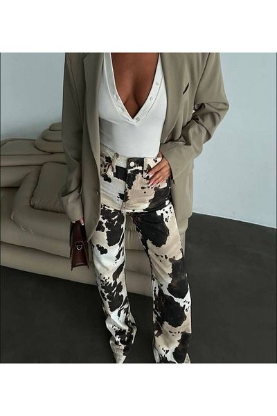 DENİKK Trend Special Design Patterned Wide Leg Comfortable Fit Palazzo Trousers