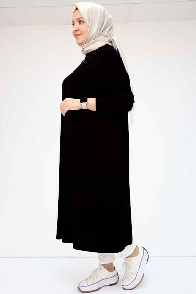 Eslina 28095 Large Size Low Sleeve Combed Cotton Long Tunic - Black