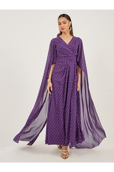 Styli Foil Print Cape Sleeve V Neck A-Line Maxi Dress