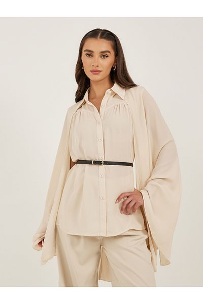 Styli Plain Belted Cape Sleeves Blouse