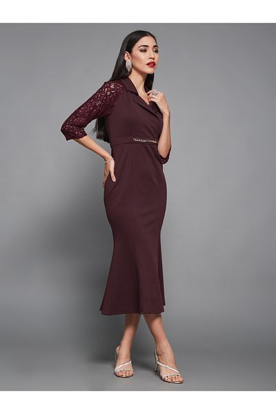 Styli Lace 3/4 Sleeves Collared Mermaid Midi Dress