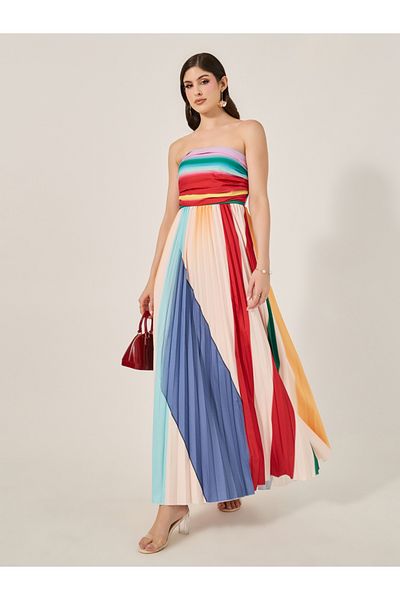 Styli Color Block Pleated Strapless A-Line Maxi Dress