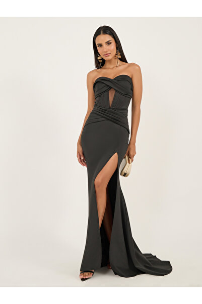 Styli Plain Strapless Corset Mermaid Maxi Dress with High Slit