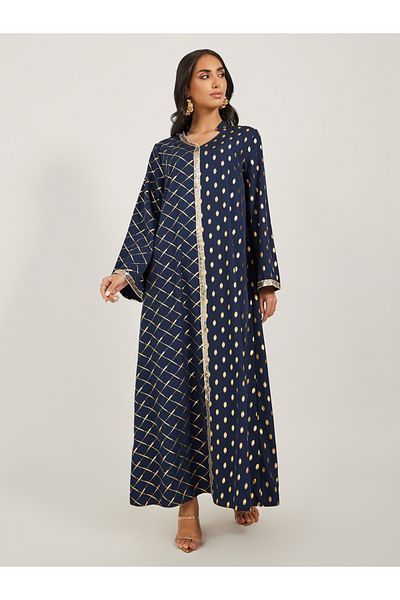 Styli Foil Printed Collared Jalabiya with Lace Trim