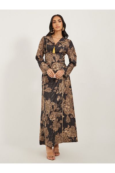 Styli Floral Jacquard Flat Collared Jalabiya with Tassel Detail