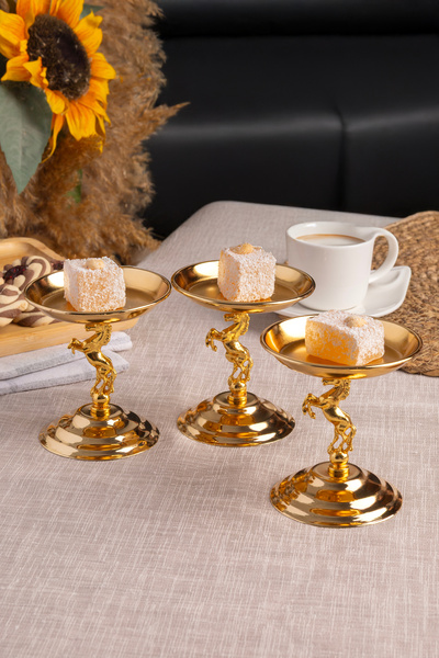 Aslı Hediyelik 3'Lü At Figürlü Gold Lokumluk, Çay Ve Kahve Yanı Sunumluk, Met...